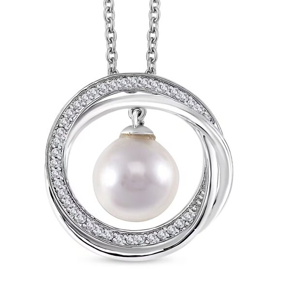 Jewelry - White Shell Pearl and Simulated Diamond Pendant with Stainless Steel 20" Chain